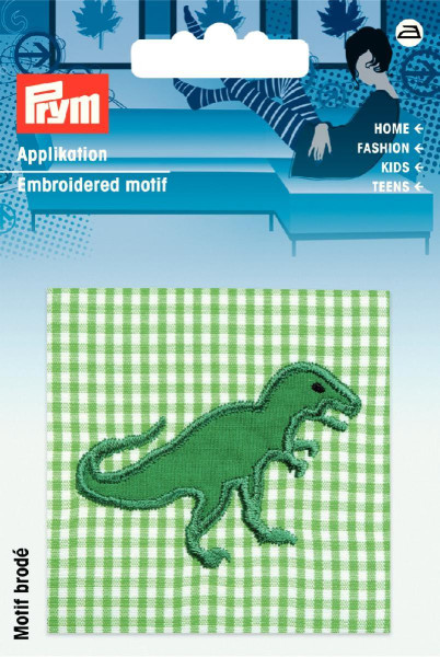Applikation Dino auf grünem Stoff