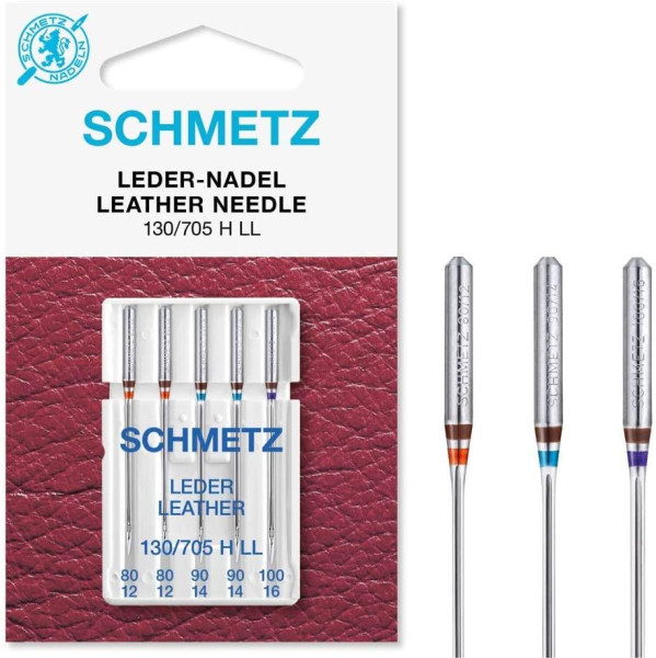 SCHMETZ Nähmaschinennadeln | 5 Leder-Nadeln LL | 130/705 H LL | Nadeldicken: 2x 80/12, 2x 90/14 und