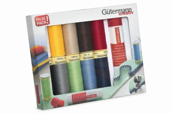 Nähfaden-Set 100 m mit Textil-Fixierstift, 10 Spulen