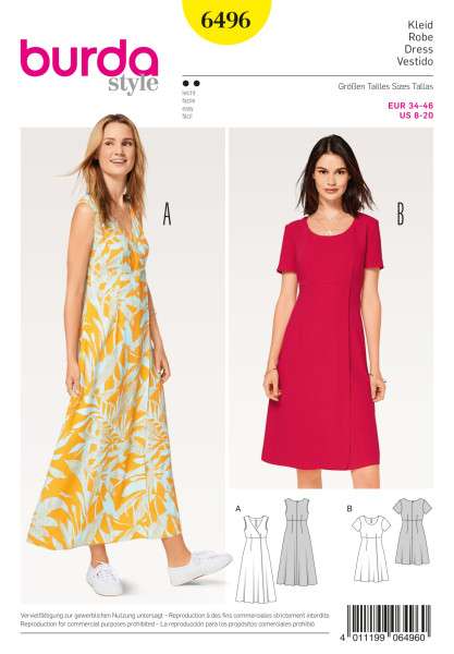 6496 Kleid, hohe Taille, Wickeleffekt, Burda