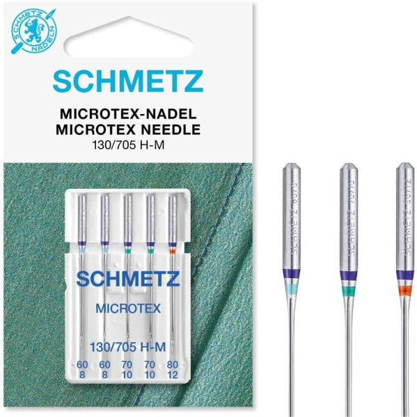 SCHMETZ Nähmaschinennadeln im Set | 5 Microtex-Nadeln | 130/705 H-M | Nadeldicken: 2x 60/8, 2x 70/10