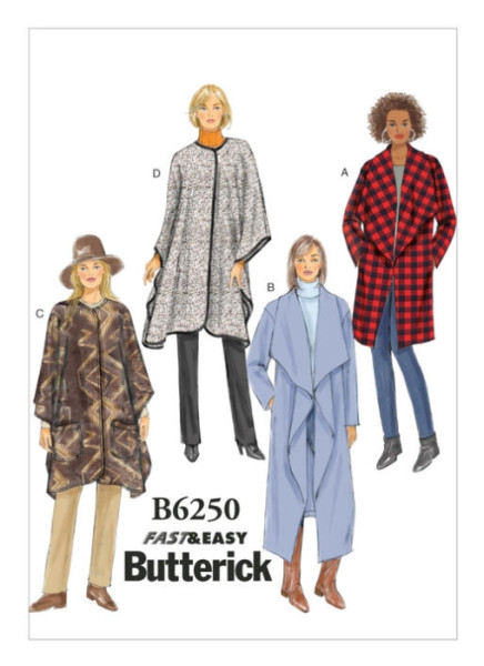 B6250 Damen Mantel Kragen Überwürfe, Butterick