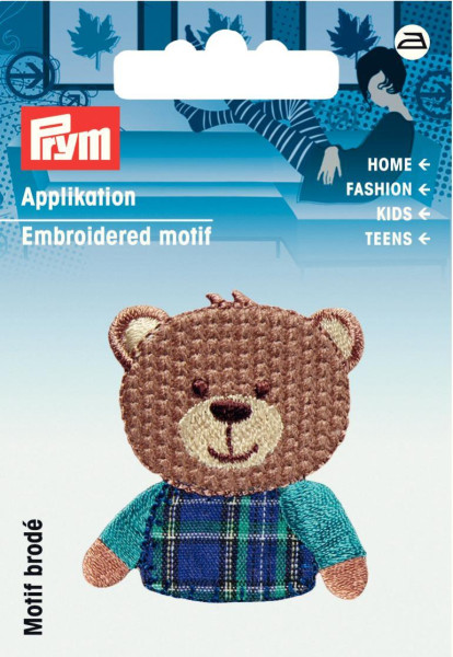 Applikation Teddybär braun/kariert