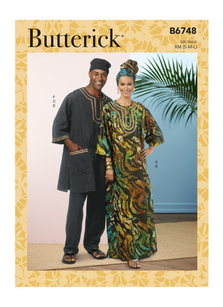 B6748 Damen, Herren Hose Tunika Caftan Hut Überwurf, Butterick