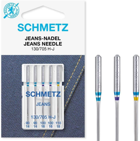 SCHMETZ Nähmaschinennadeln | 5 Jeans-Nadeln | 130/705 H-J | Nadeldicken: 2x 90/14, 2x 100/16 und 1x