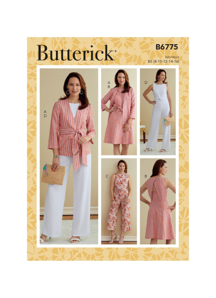 B6775 Damen Overall Kleid Jackett Schärpe, Butterick