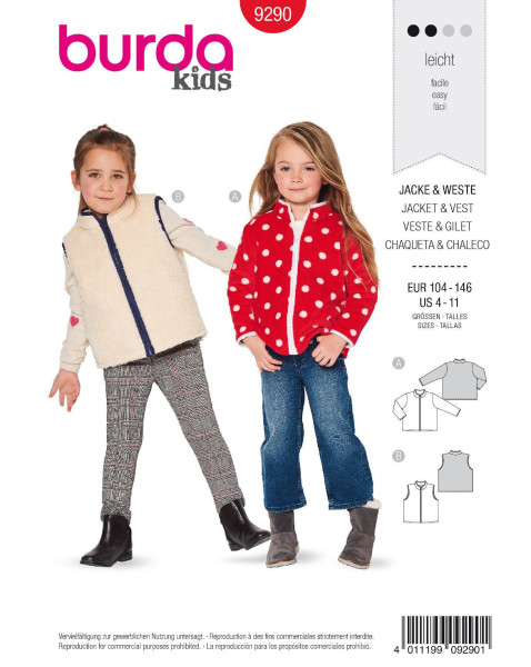 9290 Kinder Teddy-Jacke und Weste, Burda