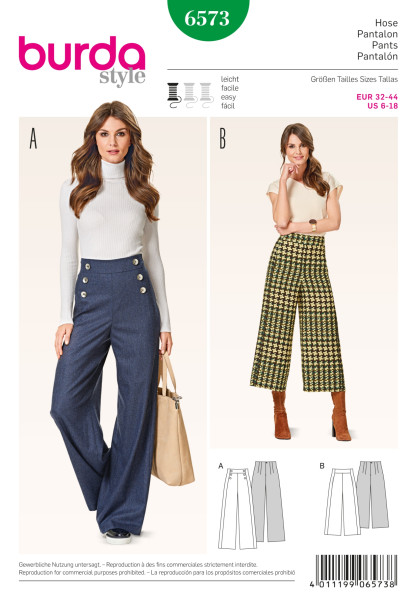 6573 Hose, großzügige Beinweite, Culottes, Burda