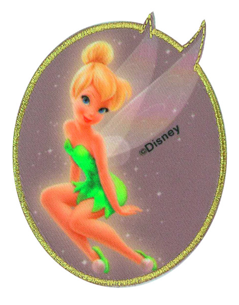 Tinkerbell, sitzend, goldener Rand, Bügelbild