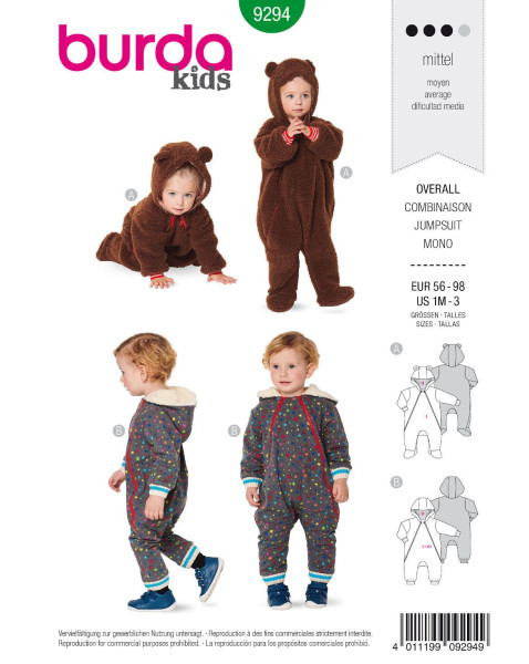 9294 Kinder Teddy-Overalls, Burda