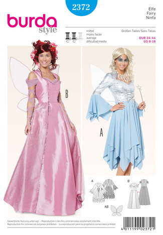 2372 Elfe Korsagen-Kleid, Zipfelrock, Flügel, Burda