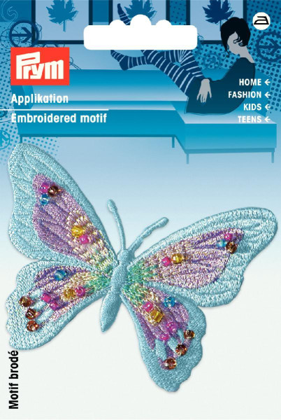 Applikation Schmetterling exklusiv blau pastell mit Perlen